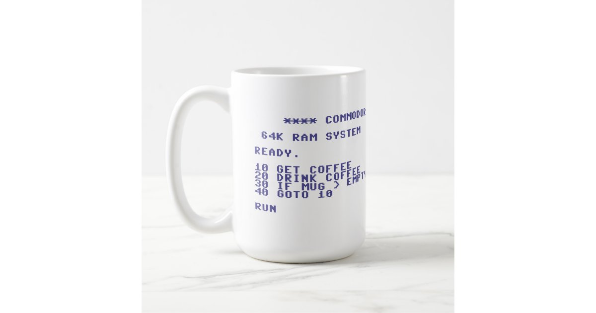 Commodore 64 drink het BasisProgramma van de Koffiemok Zazzle.nl