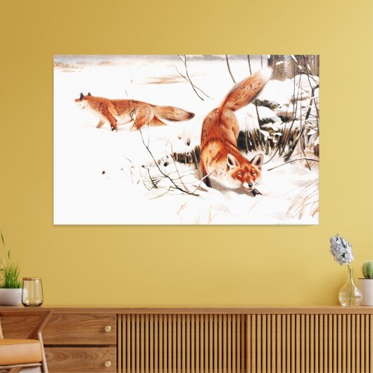 Common Foxes in the Snow, populaire kunst, Canvas Afdruk (Insitu (Woonkamer))