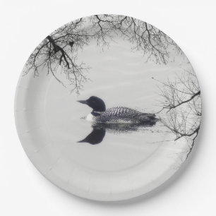 Common Loon zwemt in een noordelijk meer in de win Papieren Bordje
