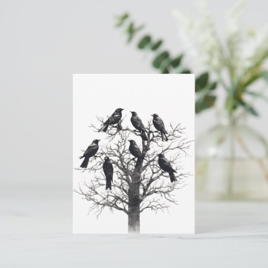Common Raven Crow Black Mysiek Tree Flock Design Briefkaart (Staand voorkant)
