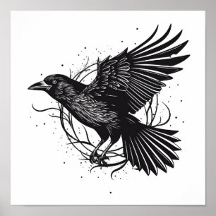 Common Raven Crow Black Mysit Norse Flying Design Poster