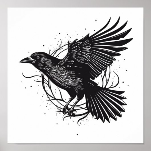 Common Raven Crow Black Mysit Norse Flying Design Poster (Voorkant)
