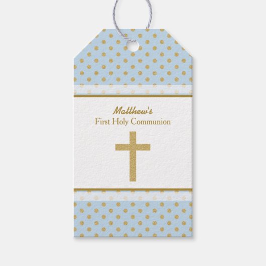 Communiblauw met goudpokkendots cadeaulabel (Voorkant)