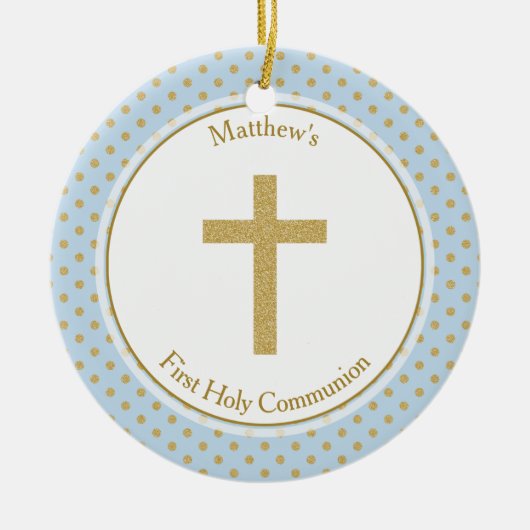 Communiblauw met goudpokkendots keramisch ornament (Voorkant)