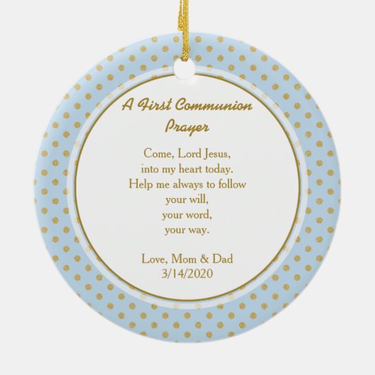 Communiblauw met goudpokkendots keramisch ornament (Achterkant)