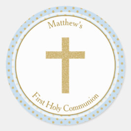 Communiblauw met goudpokkendots ronde sticker