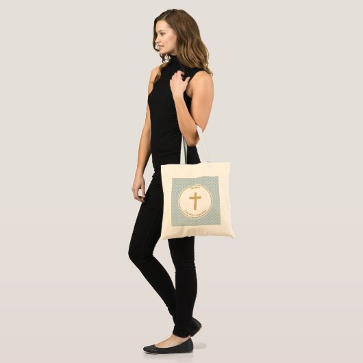Communiblauw met goudpokkendots tote bag (Voorkant (model))