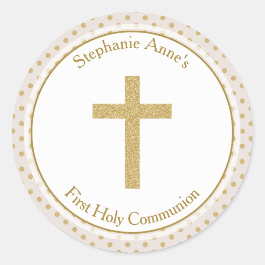 Communie Beige met gouden stippen Ronde Sticker (Voorkant)