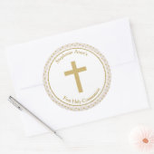 Communie Beige met gouden stippen Ronde Sticker (Envelop)
