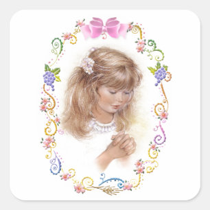 Communie, bevestiging meisje met bloemen vierkante sticker