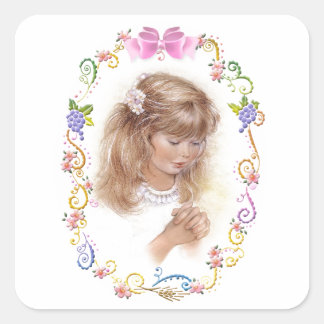 Communie, bevestiging meisje met bloemen vierkante sticker