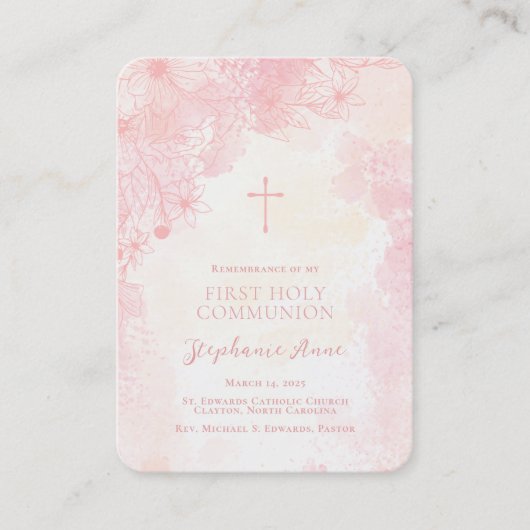 Communie Bloemen Roze Waterverven Gebed Kaarten Visitekaartje (Voorkant)