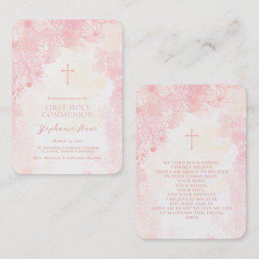 Communie Bloemen Roze Waterverven Gebed Kaarten Visitekaartje (Voorkant / Achterkant)