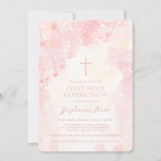 Communie Bloemen Roze Waterverven Kaart (Voorkant)