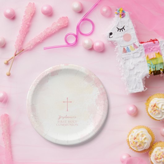 Communie Bloemen Roze Waterverven Papieren Bordje (Feest)