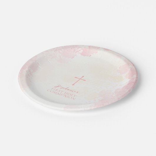 Communie Bloemen Roze Waterverven Papieren Bordje (Gekanteld)