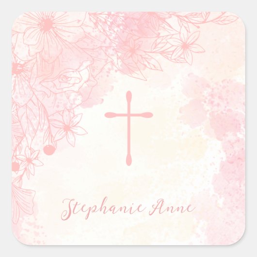 Communie Bloemen Roze Waterverven Vierkante Sticker (Voorkant)