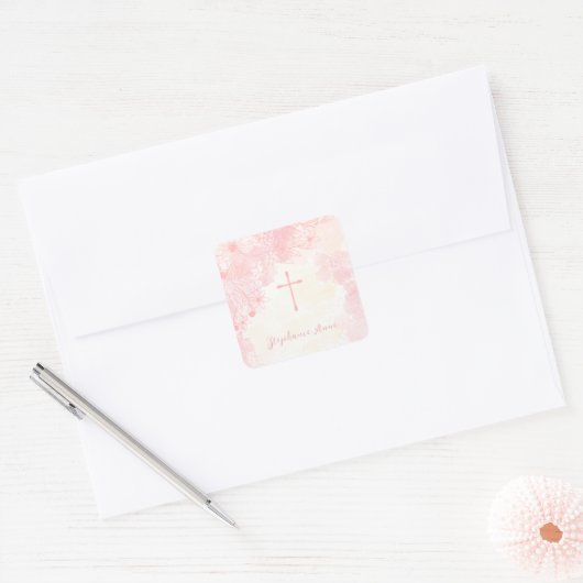 Communie Bloemen Roze Waterverven Vierkante Sticker (Envelop)