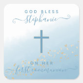 Communie Cross Blue Waterverf Vierkante Sticker (Voorkant)