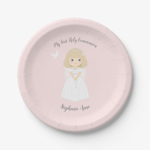 communie duif blond meisje papieren bordje