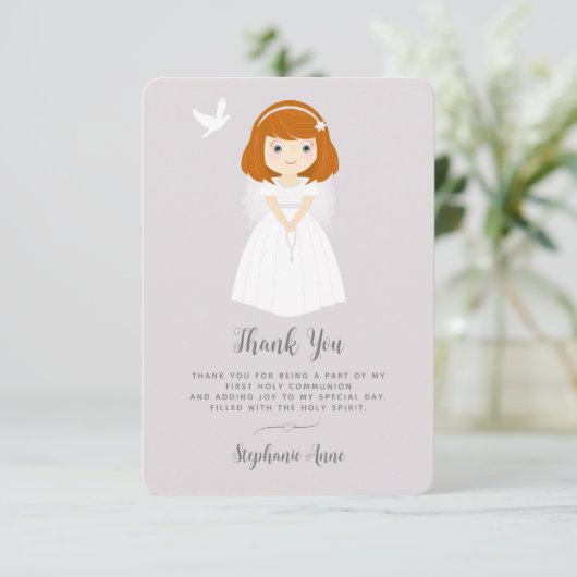 communie duif roodharige meisje dank u kaart (Staand voorkant)