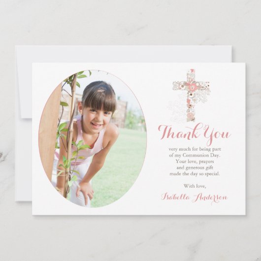 Communie Foto wit Bloemenkruis Meisje Bedankkaart (Voorkant)