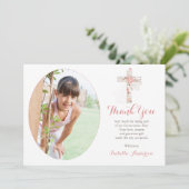 Communie Foto wit Bloemenkruis Meisje Bedankkaart (Staand voorkant)