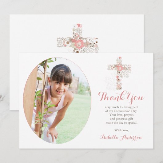 Communie Foto wit Bloemenkruis Meisje Bedankkaart (Voorkant / Achterkant)
