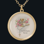 Communie Host Roze Bloemen Kelk Goud Vergulden Ketting<br><div class="desc">Dit is een prachtig traditioneel katholiek afbeelding van de Heilige Gastheer (Communie) boven de kelk met roze bloemen. Tekst en lettertypen kunnen worden gewijzigd</div>