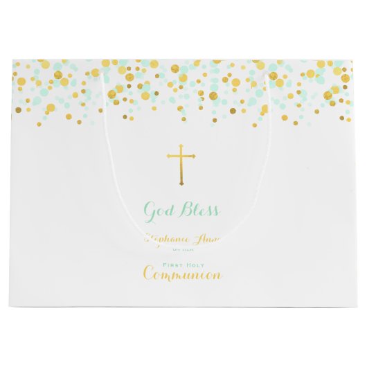 Communie Munt en Gouden Confetti Large Cadeautasje (Voorkant)
