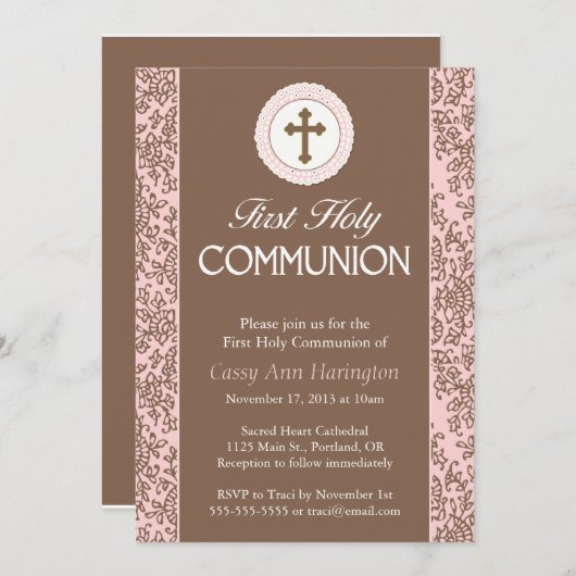 Communie roze bladeren uitnodiging (Voorkant / Achterkant)