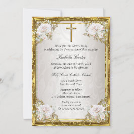 Communie Roze Goud Beige Parel Damast Kruis Kaart