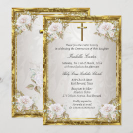 Communie Roze Goud Beige Parel Damast Kruis Kaart