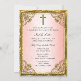 Communie Roze Goud Beige Parel Damast Kruis Kaart