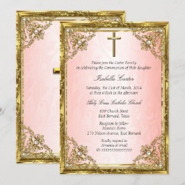 Communie Roze Goud Beige Parel Damast Kruis Kaart