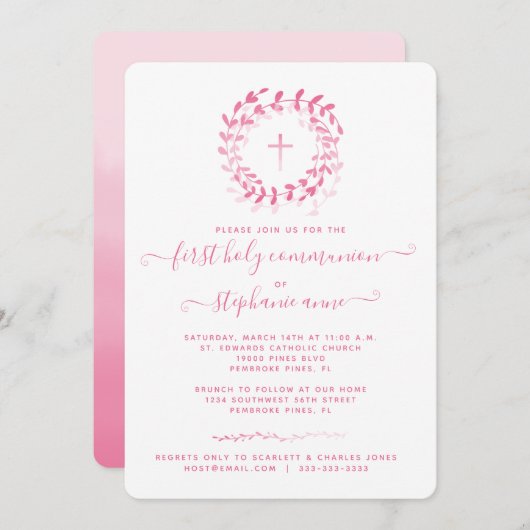 Communie roze krans en kruis kaart (Voorkant / Achterkant)