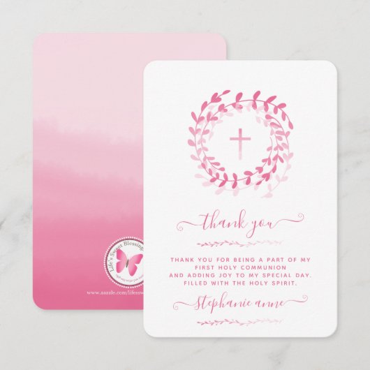 Communie roze krans en kruis kaart (Voorkant / Achterkant)