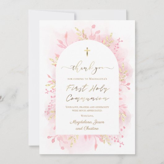 Communie roze waterverf gebladerte dank je kaart (Voorkant)