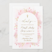 Communie roze waterverf gebladerte dank je kaart (Voorkant / Achterkant)