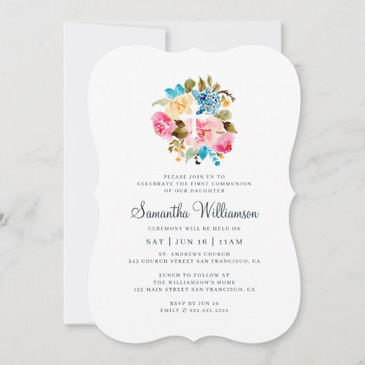 Communie voor haar Waterverf Bloemenkruis Kaart (Voorkant)