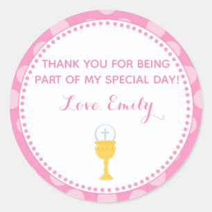 Communie voorkeurslabel roze kelk ronde sticker