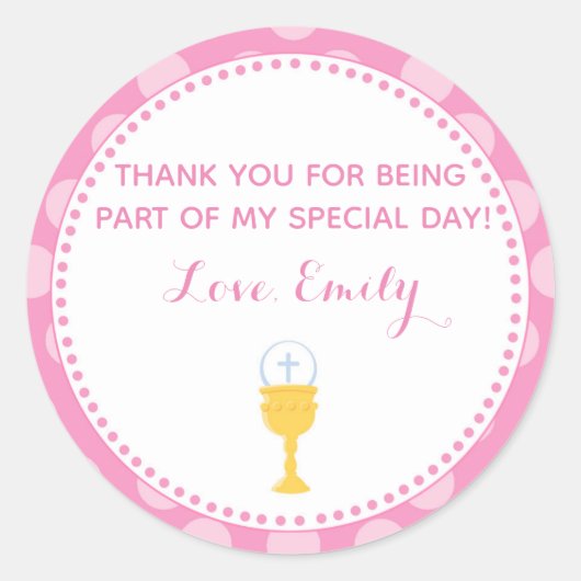 Communie voorkeurslabel roze kelk ronde sticker (Voorkant)