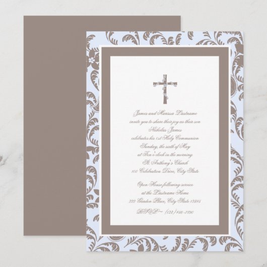 Communie Zacht Blauw en Bruin Paisley Kaart (Voorkant / Achterkant)