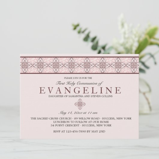 Communiedag Roze Uitnodiging (Staand voorkant)