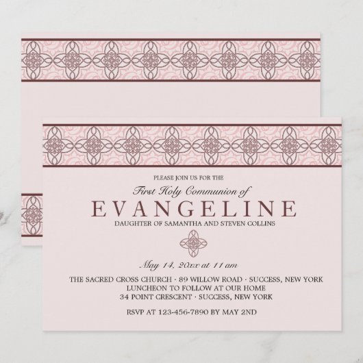 Communiedag Roze Uitnodiging (Voorkant / Achterkant)