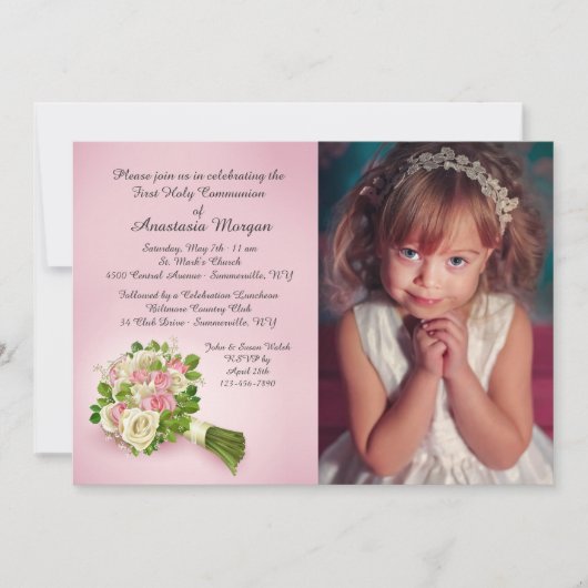 Communion Bouquet Photo Invitation Kaart (Voorkant)