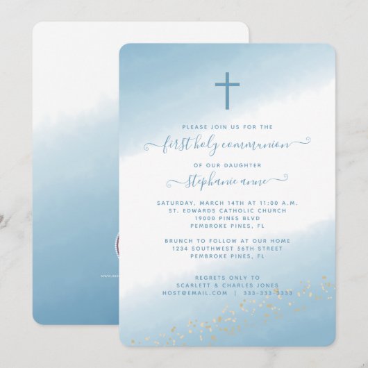 Communion Cross Blue Waterverf Uitnodiging (Voorkant / Achterkant)