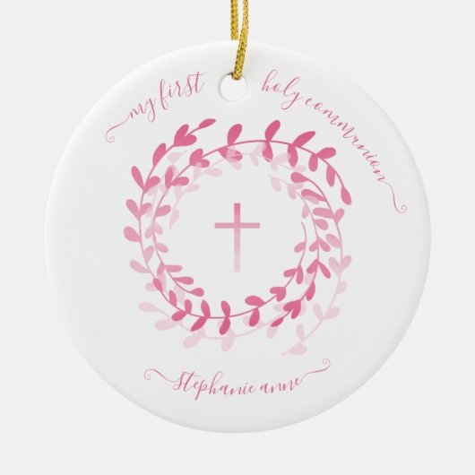 Communiroze Wreath en Cross Keramisch Ornament (Voorkant)