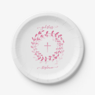 Communiroze Wreath en Cross Papieren Bordje