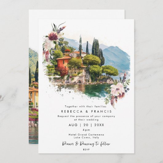 Comomeer, Italië bloemenbruiloft uitnodiging (Voorkant / Achterkant)